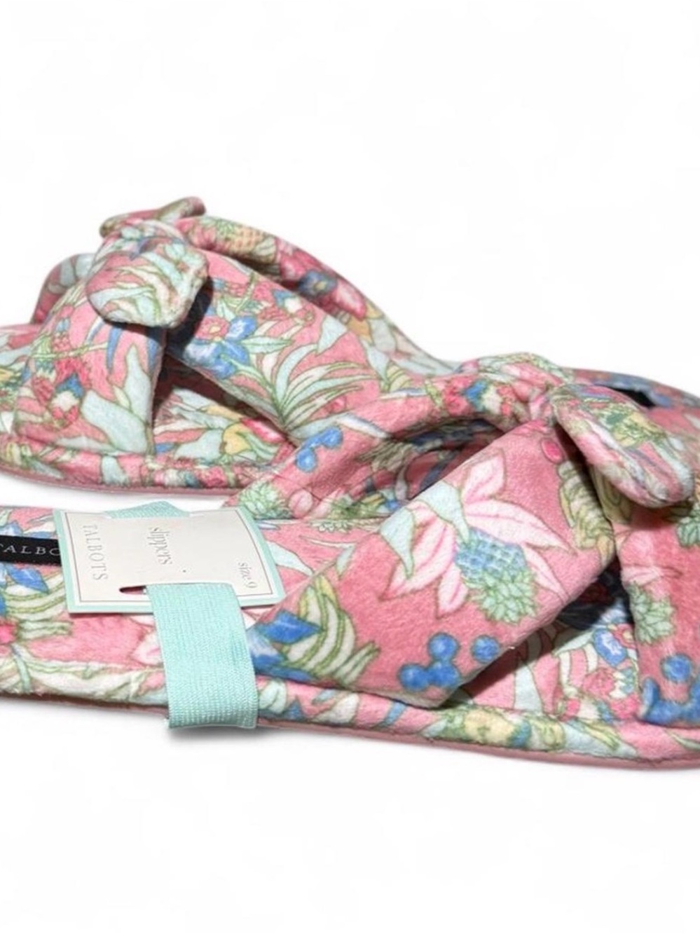NWT Talbots May Knot Floral Velour Slippers Pink Tropical Size 9